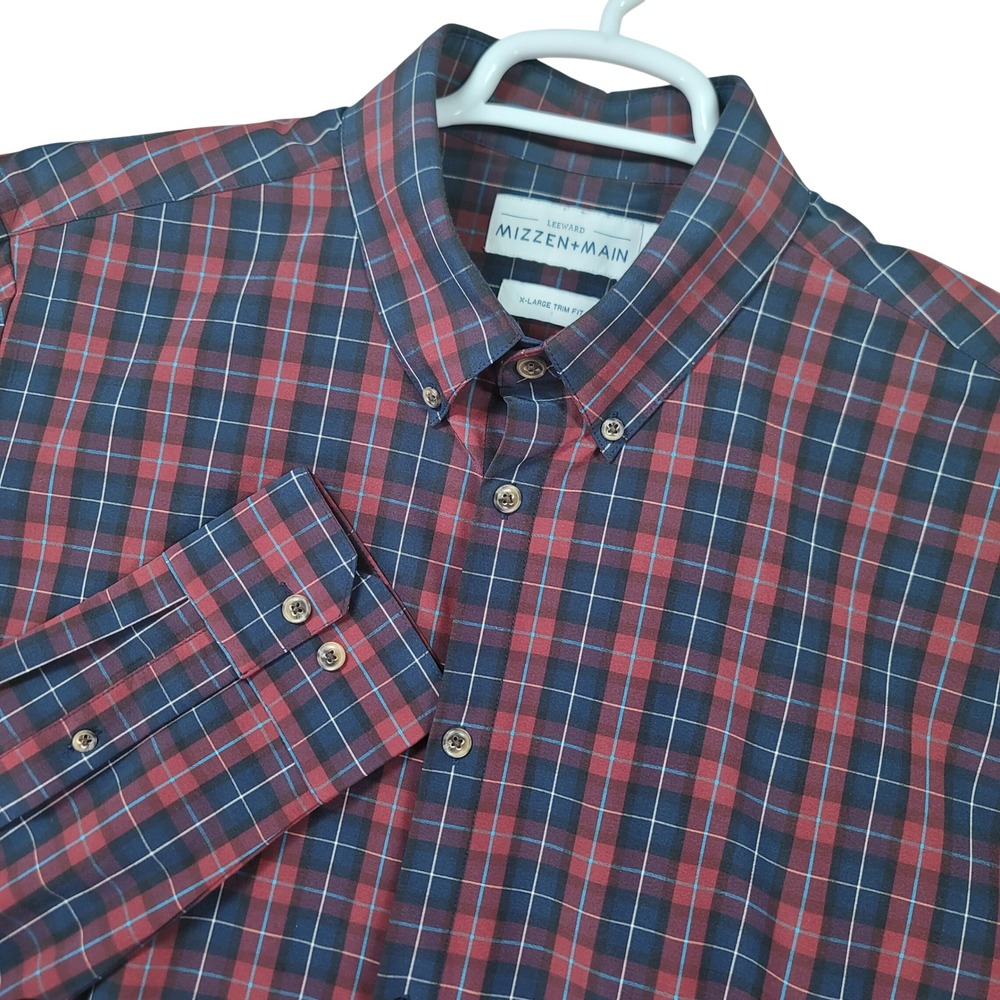 Mizzen+Main Button Down Shirt Mens XL Red Plaid Leeward Trim Fit Long Sleeve